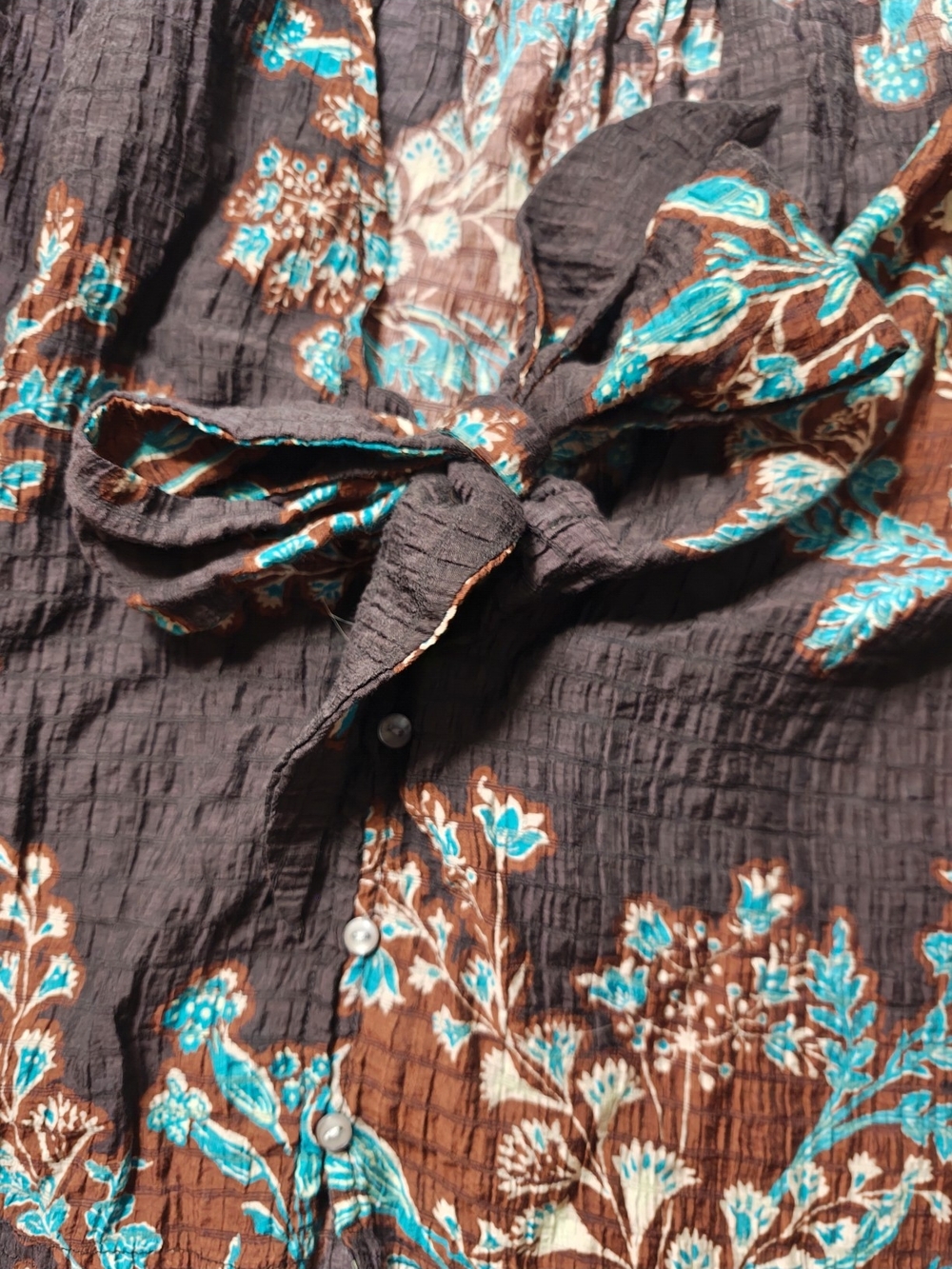 Free People Floral Crinkle Tie Front Blouse Small Brown Turquoise Boho Top - Picture 4 of 7